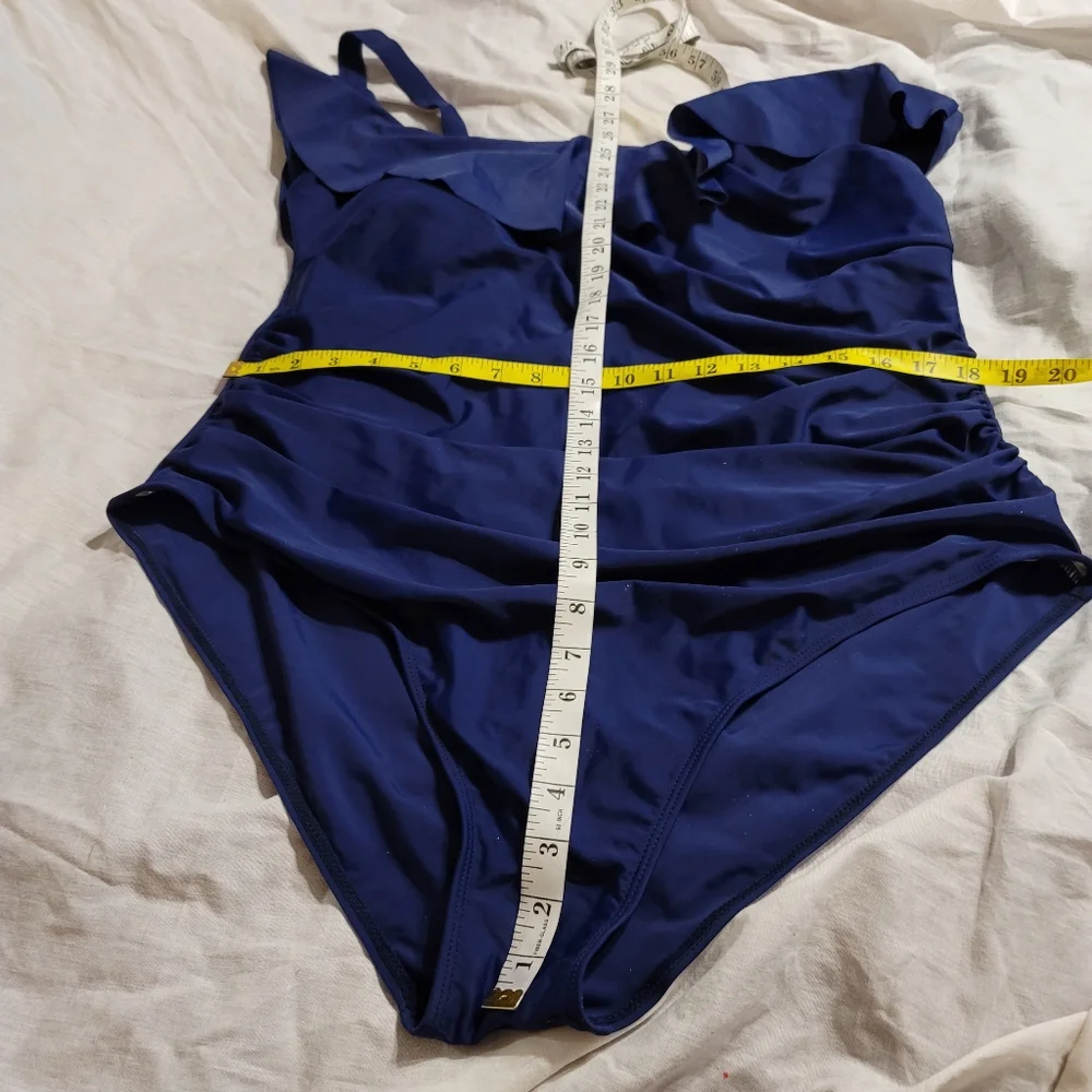 NWT Plus Size One shoulder One Piece Ruffle Tummy Control Navy Blue Swimwear 22w - Picture 10 of 12